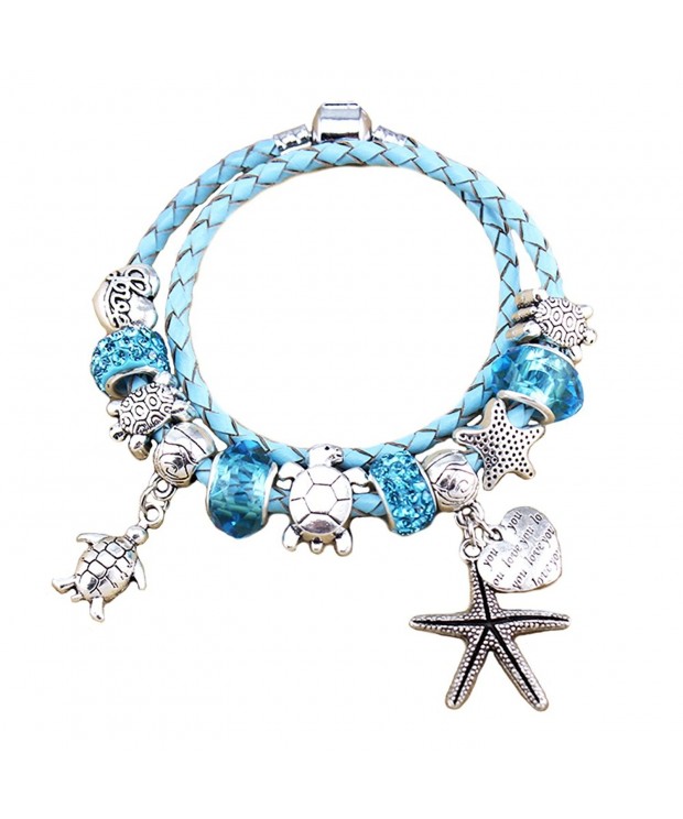 European Leather Bracelet Starfish Aquamarine