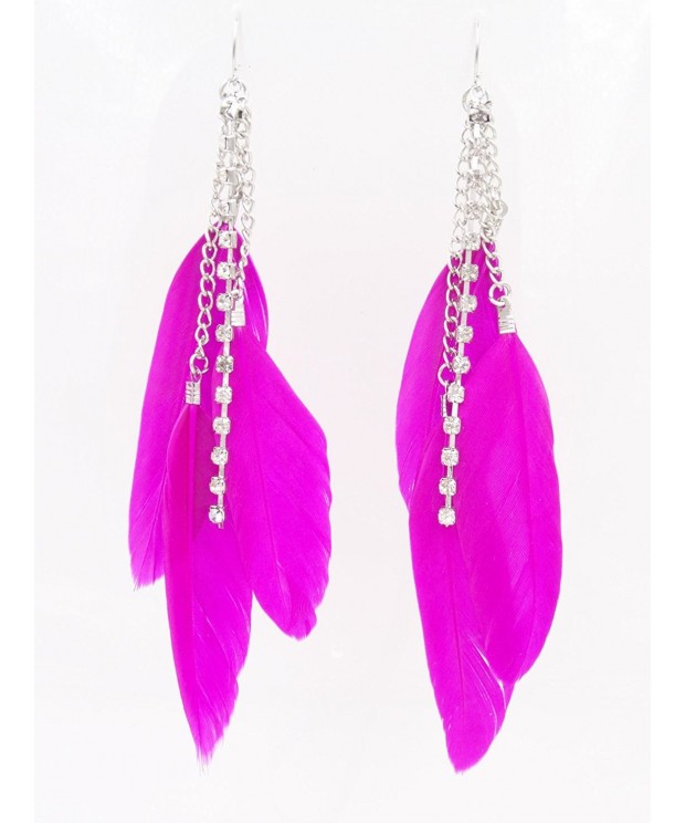 Fuscia Three Feather Earrings Rinestones