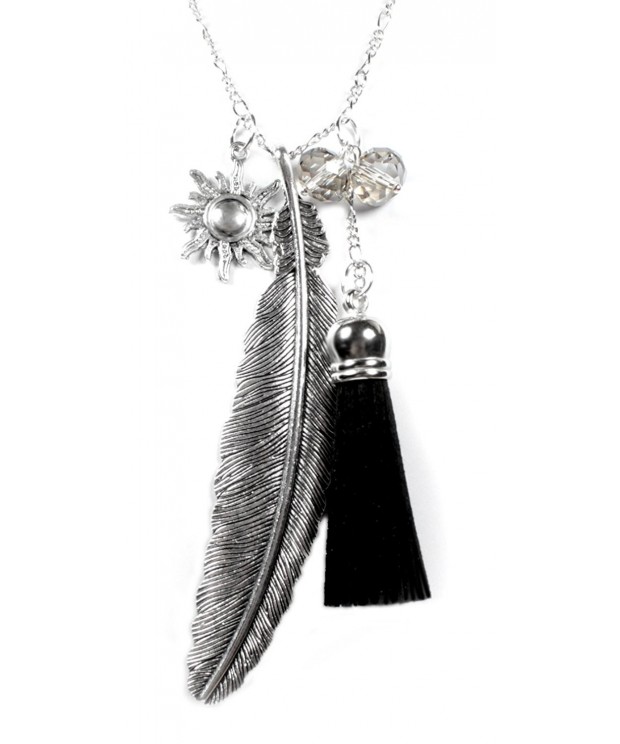 Feather Charm Necklace Tassel Silvertone