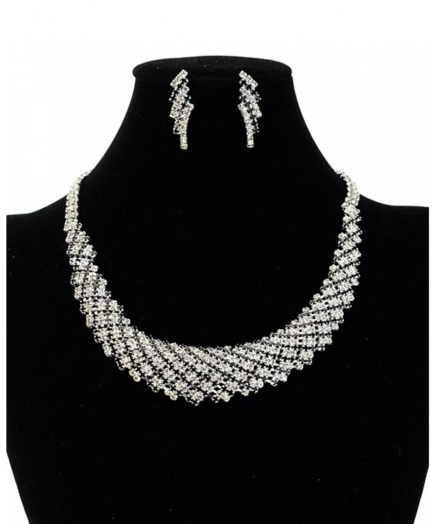 Rhinestone Evening Necklace Earrings Silver Tone