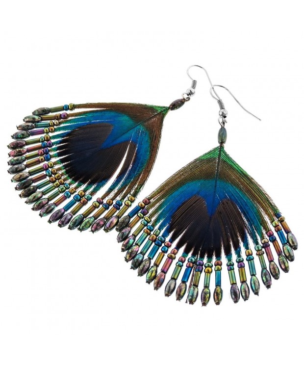 Beaded Iridescent Peacock Feather French Wires Earrings - C512GEHI38Z