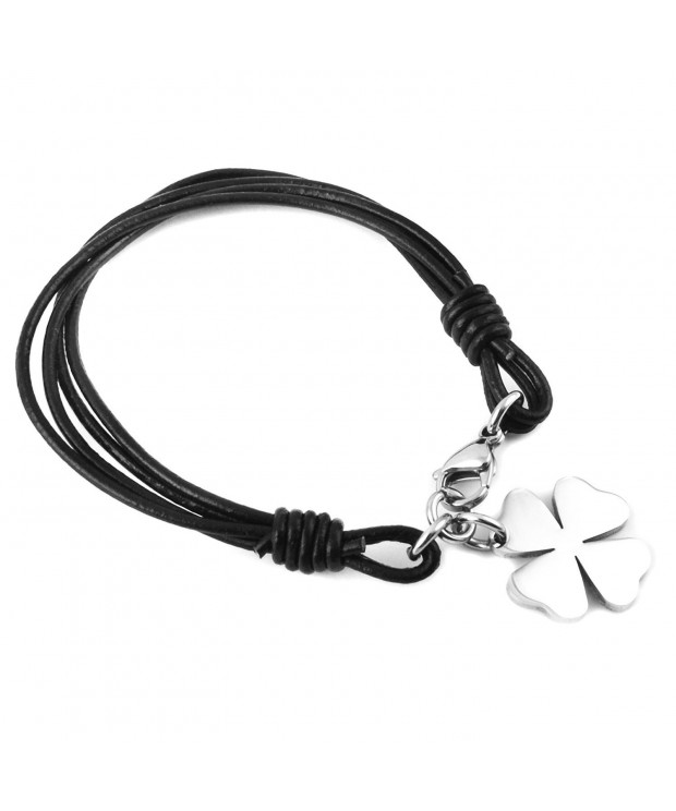 Leather Stainless 4 Leaf Bracelet Braided