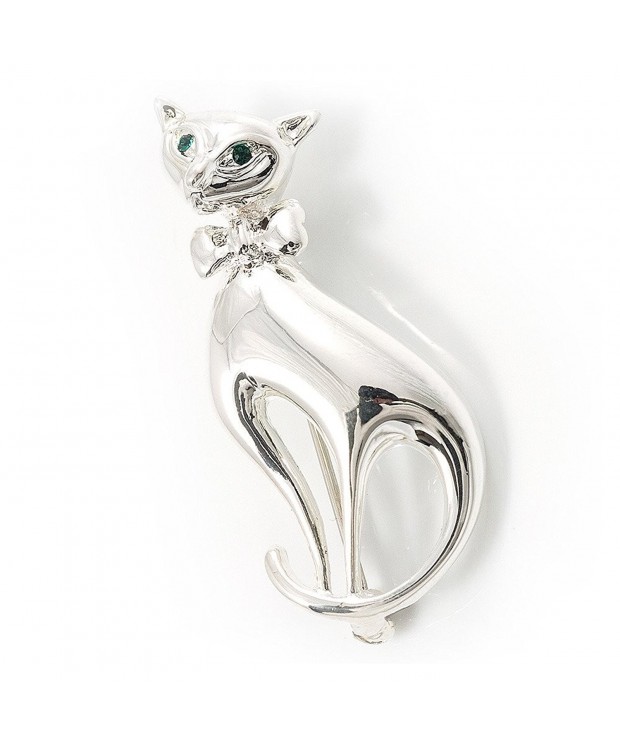 Silver Tone Sitting Cat Brooch