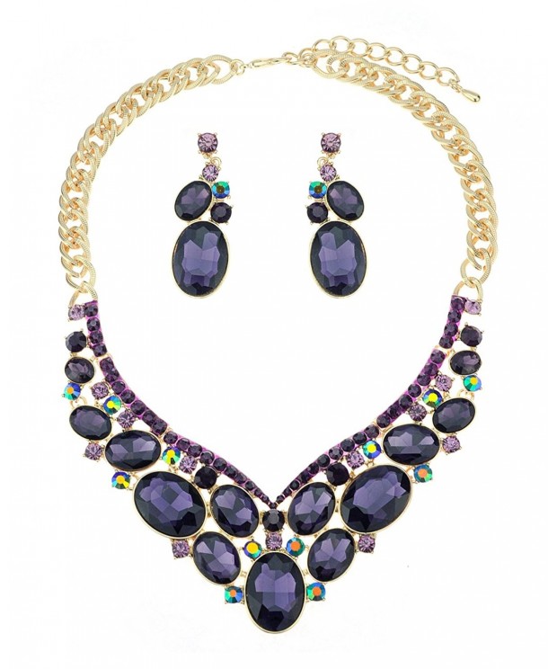 Purple Necklace Earrings Jewelry Gold Tone