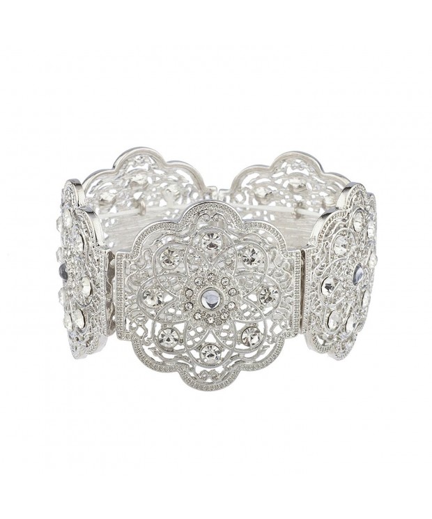 Lux Accessories Silvertone Floral Filigree Rhinestone Bracelet