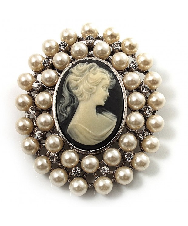 Simulated Pearl Crystal Brooch Silver